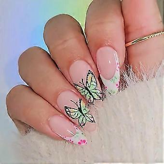 Press on Nails Almond Oval Medium French Tips with Floral Butterfly Design Fake Nails, 24pcs Full Cover Acrylic