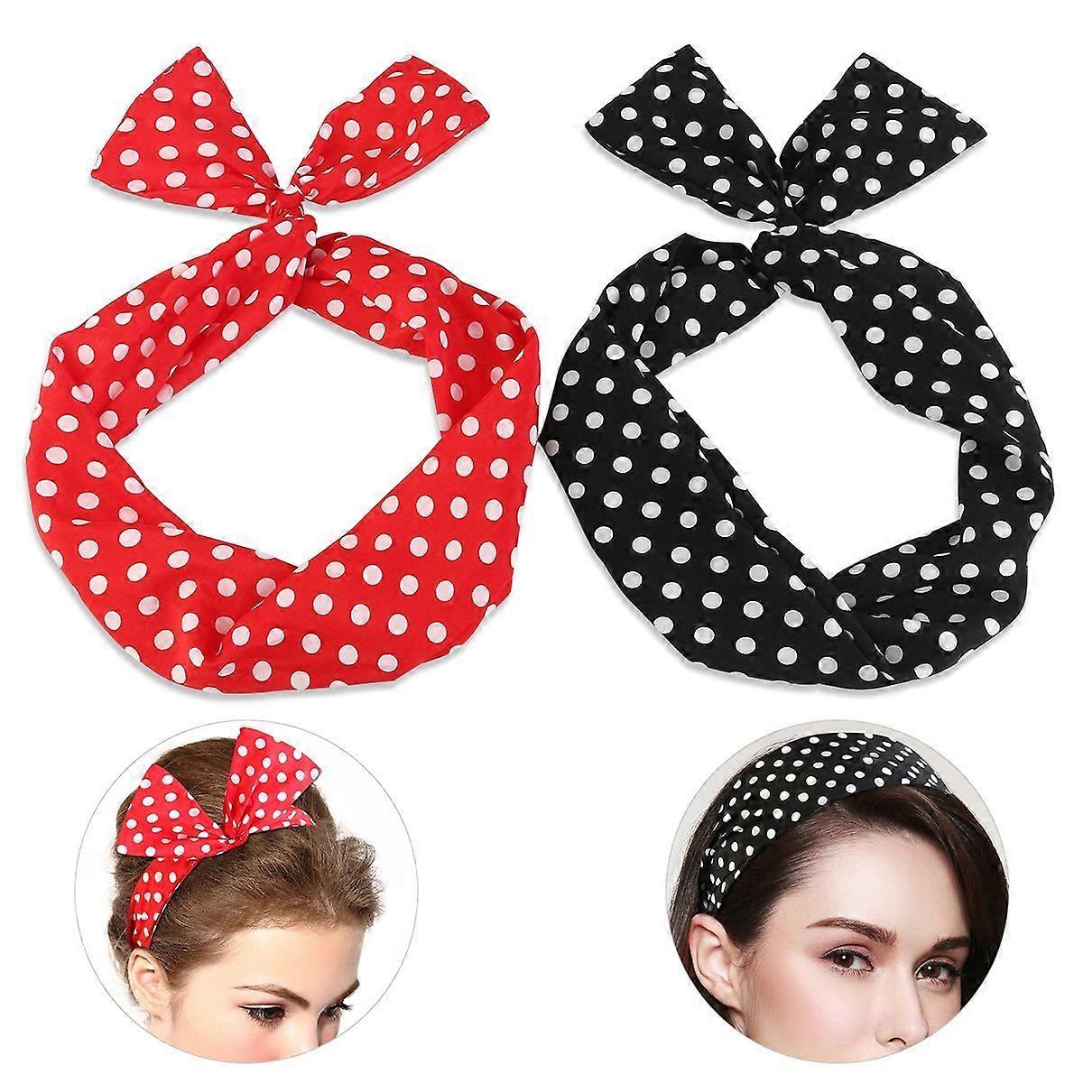 Polka Dot Headband Double Pack Red and Black with Adjustable Wired Frame Retro Chiffon Bow