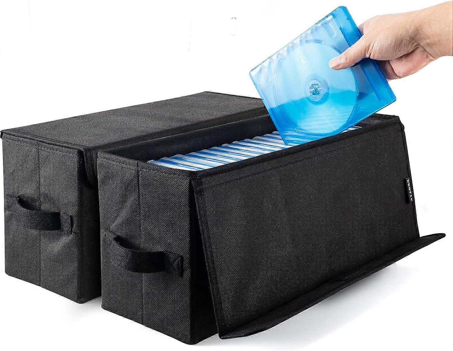 Pack of 2 Large Capacity DVD Storage Box with Lid, Stackable Organizer Holds 200 Discs, Black