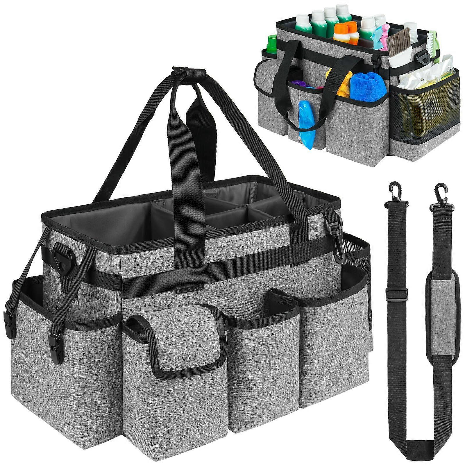 Cleaning Caddy with Handle Gray, Housekeeping Cleaning Supplies Organizer, Adjustable Strap, Pockets