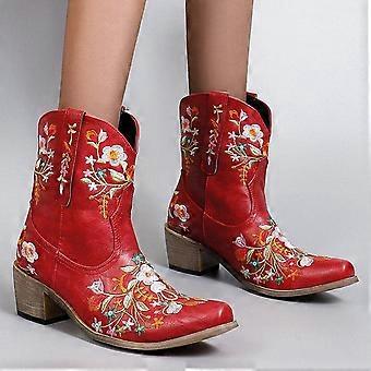 Naisten syyskengät, muodikkaat kirjailtu cowgirl-kuvioiset ratsastuskengät, rentoa lämmintä korkoa, keskikorkoiset putkikengät, lyhyet kengät 7.5(40)