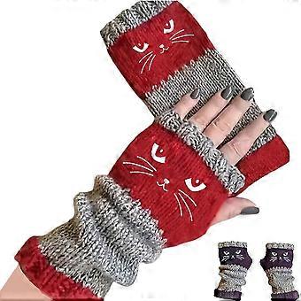 Gebreide vingerloze handschoenen voor dames met schattige kattenborduursels, warme gebreide handschoenen met kattenborduursel, vingerloze handschoenen
