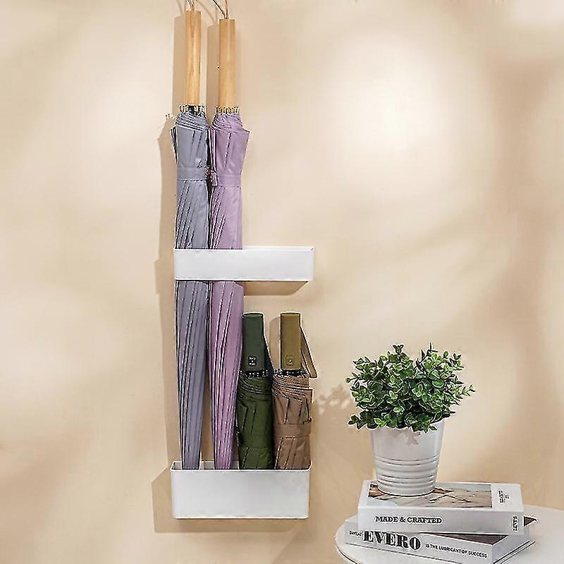 Punch-Free Adjustable Wall Mounted Umbrella Stand with Hooks (White)