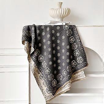 Women's Camellia Print Scarf, Reversible Fringe Shawl, Warm Neck Wrap for Daily Outfit