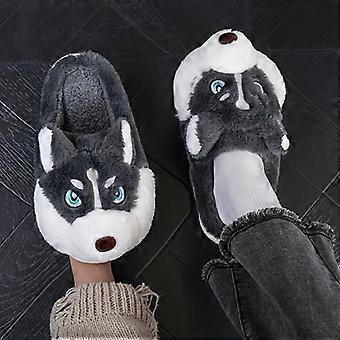 Ruskeat ja valkoiset huskynmuotoiset pehmotossut miehille ja naisille - pehmeät, kestävät, lämpimät ja mukavat sisä- ja ulkokäyttöön, sarjakuvamainen muotoilu, slip-on-tyyli, täydelliset