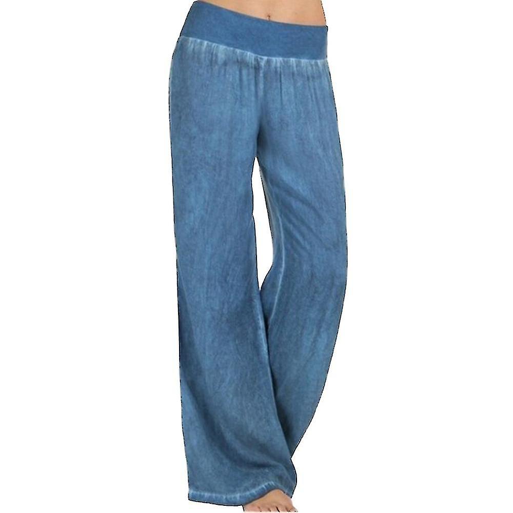 Women Elastic Waist Casual Loose Summer Full Length Pants Breathable Plain Solid Jeans