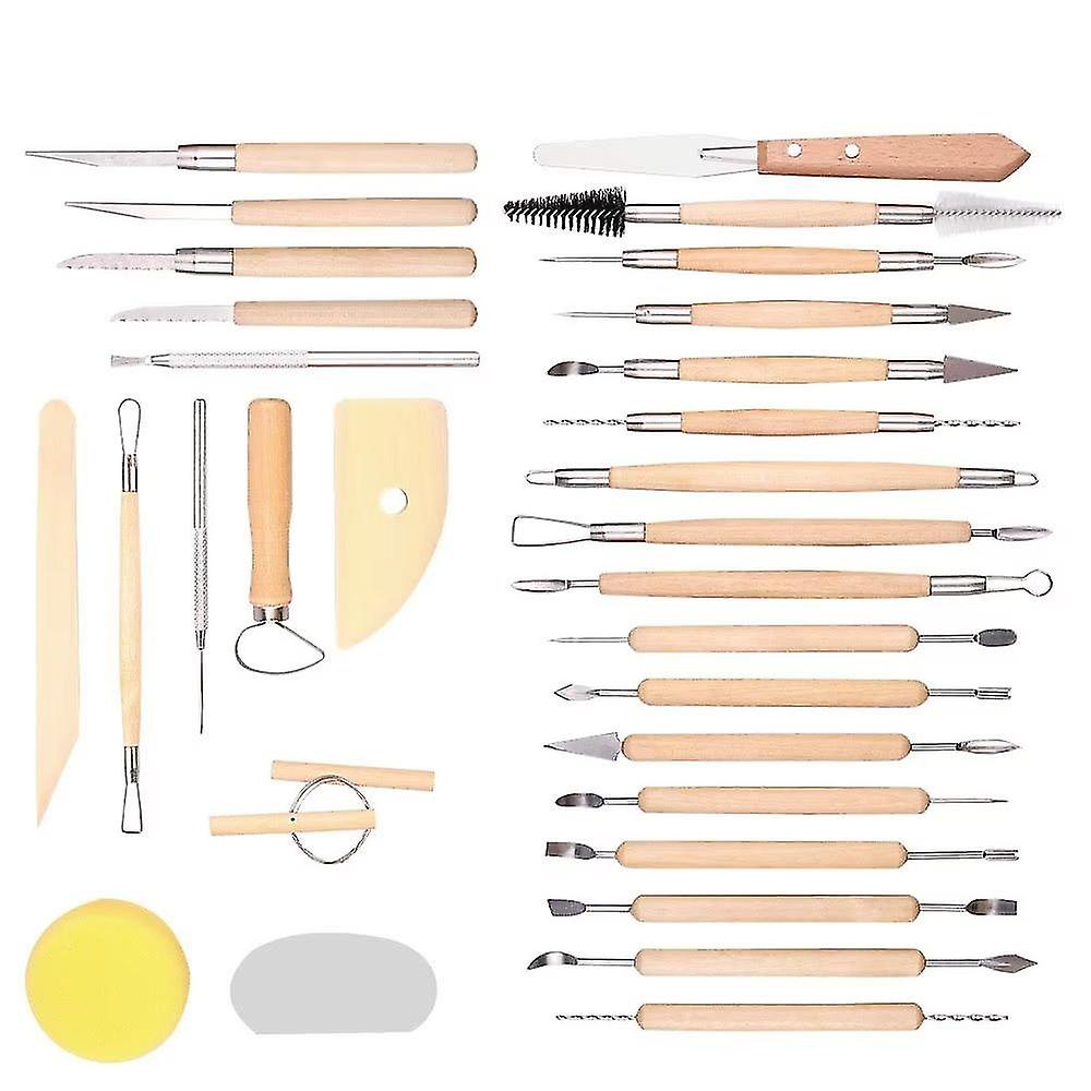 30個の陶器ツール、ポリマー粘土用彫刻ツール、大人または初心者のための完全なポリマー粘土ツール、ドッティ付き木製粘土モデリングツールセット