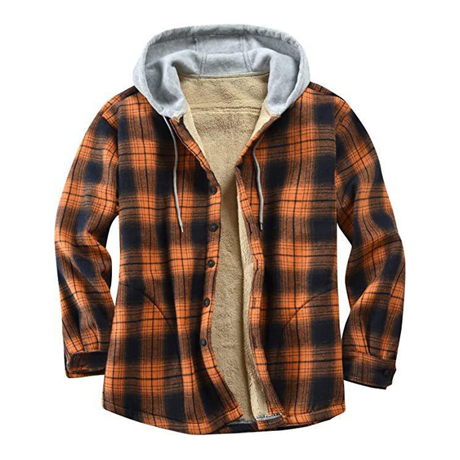 Fianao Winter Men Jacket Plaid Buttoned Coldproof Loose Plush Lining Hooded Jacket Outwear