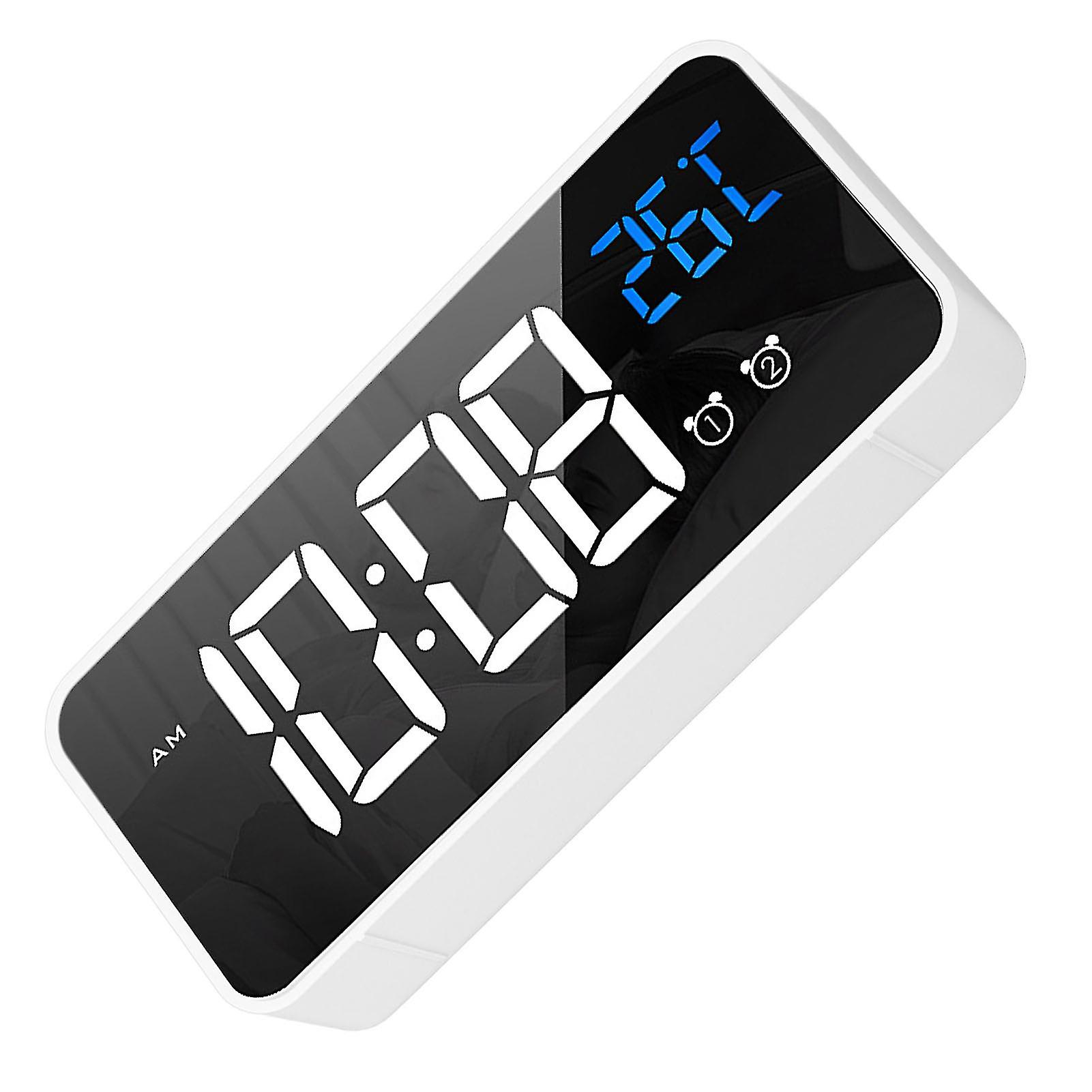 Mirror LED Alarm Clock Two Sets of Alarm Rechargeable Voice Activated Digital Clock for Bedrooms Bedside Desk White 