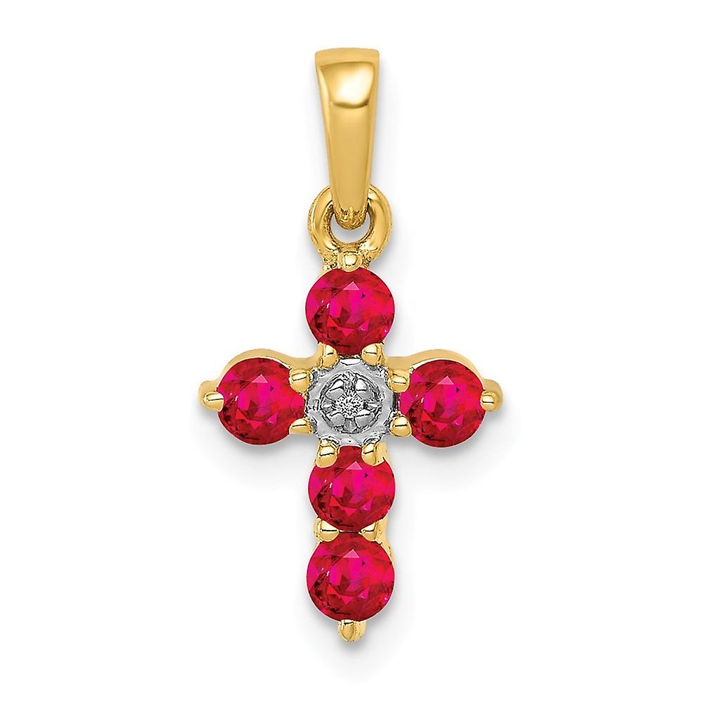 14k Solid Yellow Gold Ruby and Diamond Religious Faith Cross Pendant Necklace 17.5x8.7mm Wide-Pendant for Women