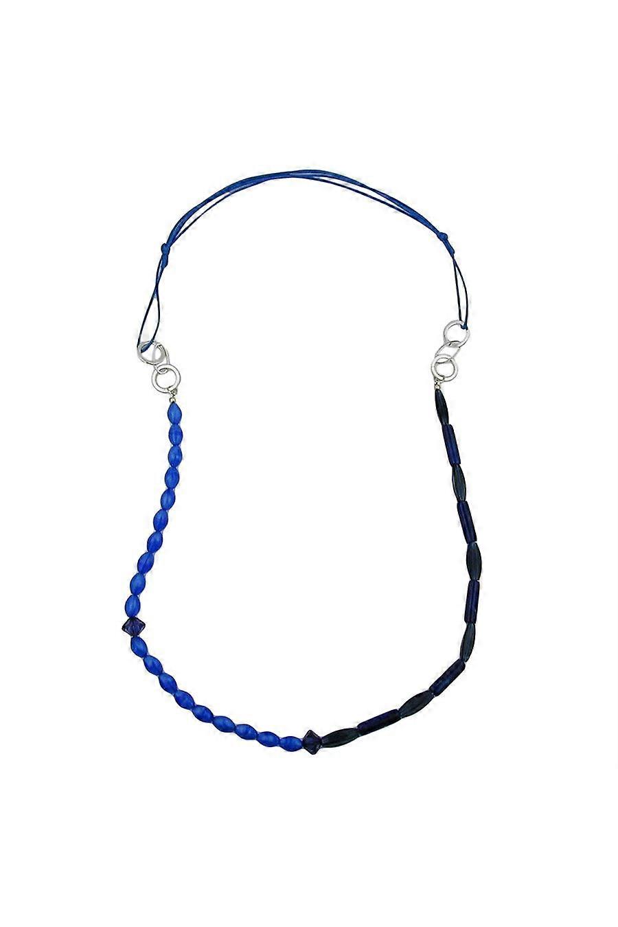 Necklace Blue Beads Chrome/ Silver Coloured Rings - Gl01098