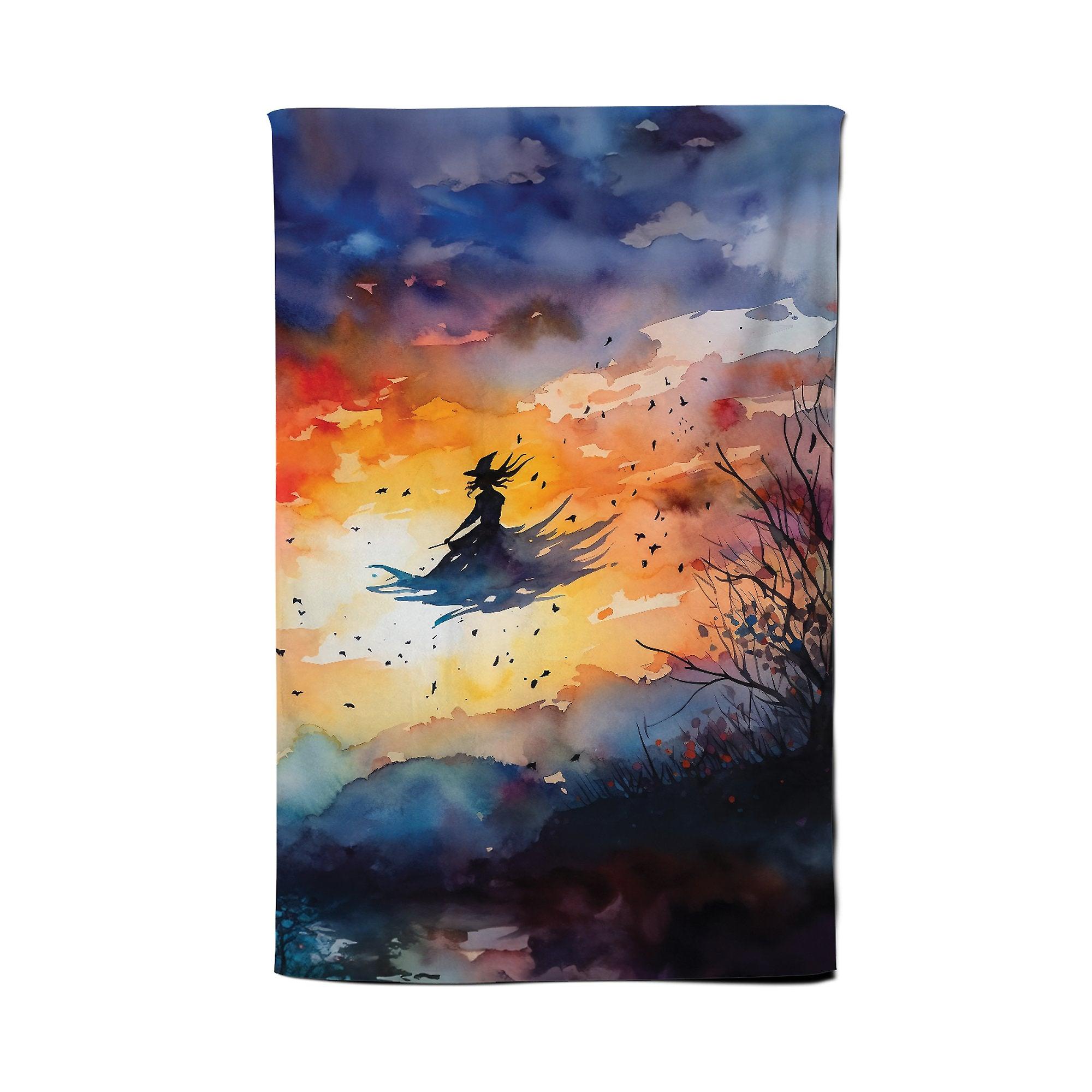 A Mesmerizing Watercolor Artwork Featuring A Graceful Witch Tea Towel
