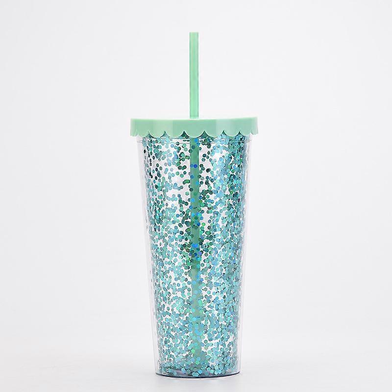 Double Plastic Cups Simple Transparent Sequin Glitter Straw Cups Large Capacity Summer Water Cups