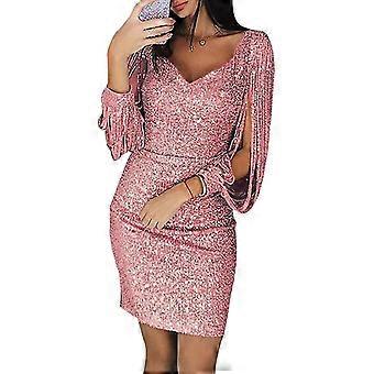 Women Sequin Dress Glitter Sparkle Sexy Deep V Neck Short Dress Above Knee  Length Long Tassel Sleeve Dress | Fruugo UK