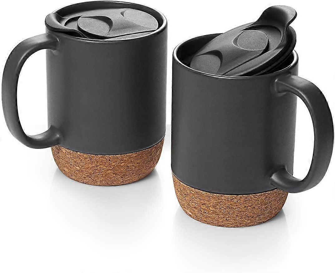 15 oz Coffee Mug Sets, Set of 2 Large Ceramic Mugs, with Insulated Cork and Splash Proof Mug Lid,Large Coffee Mug with Handle ,Matte Grey