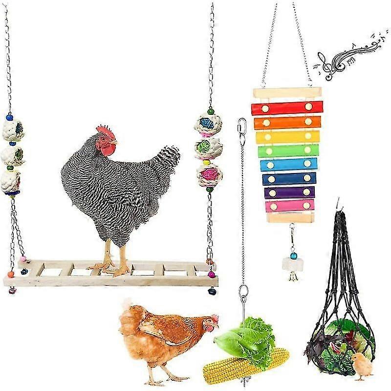 Chicken Coop Accessory Set Of 4 Chicken Toys For Chicken Coop Accessories, Chicken Swing, Xylophone, Hanging Vegetable Feeder, Chicken Fruit Rack For