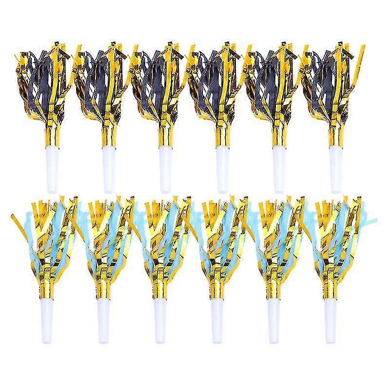 12pcs Kids Fringed Noisemakers Musical Blowout Whistles Cheering Props Birthday Party Supplies (blue Gold+black Gold)