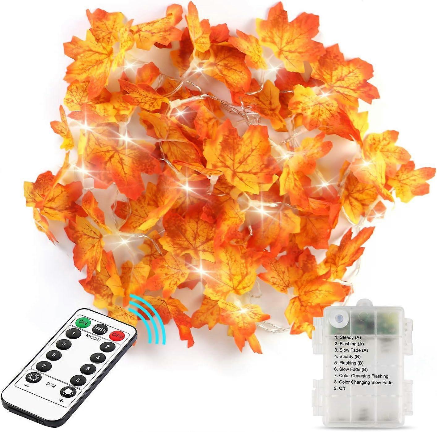 Fall Decor Lighted Leaf Garland,Thanksgiving Decorations Waterproof Led String Lights 8.2 Ft 30 Led With Remote Control-8 Blinking Modes,Autumn Decor