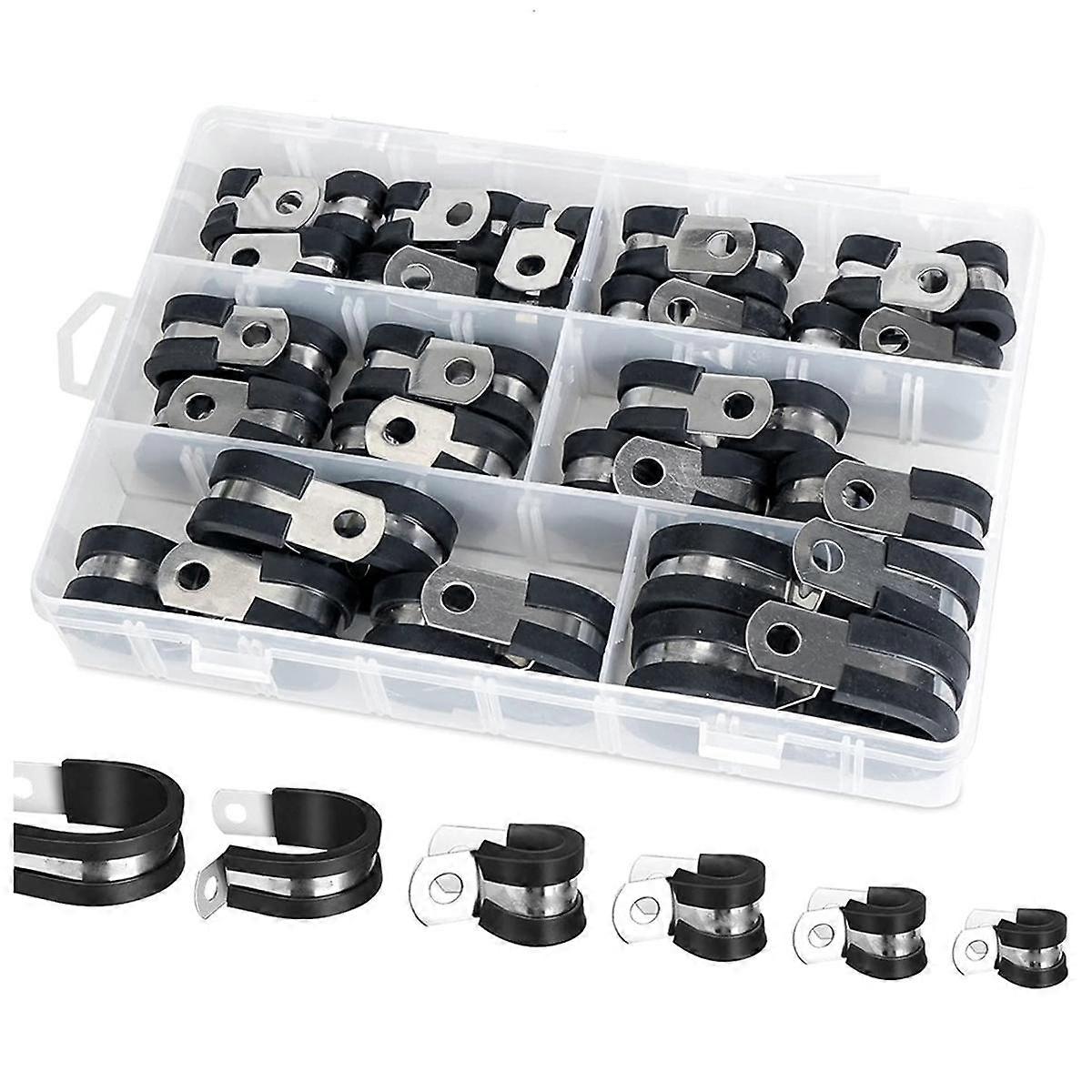 42PCS Cable Clamps Set - Rubber Cushioned 304 Stainless Steel Hose/ Loop/ Pipe Clamps in 6 Sizes
