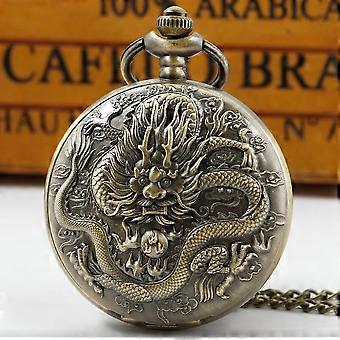 2022  New Vintage Bronze Chinese Dragon Flip White Dial Quartz Pocket Watch Necklace Chain Gift for Men Women