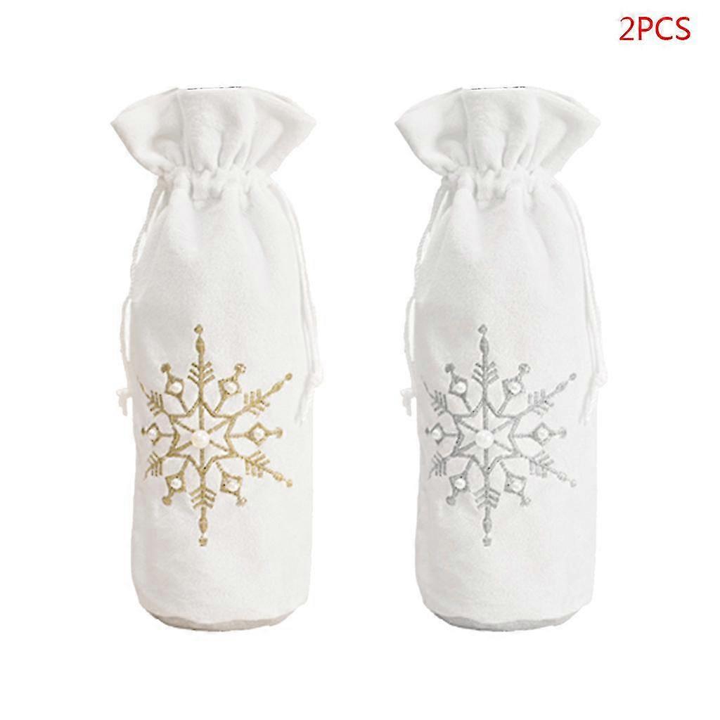 2pcs Snowflake Champagne Red Bottle Cover Drawstring Bag Table Decorations