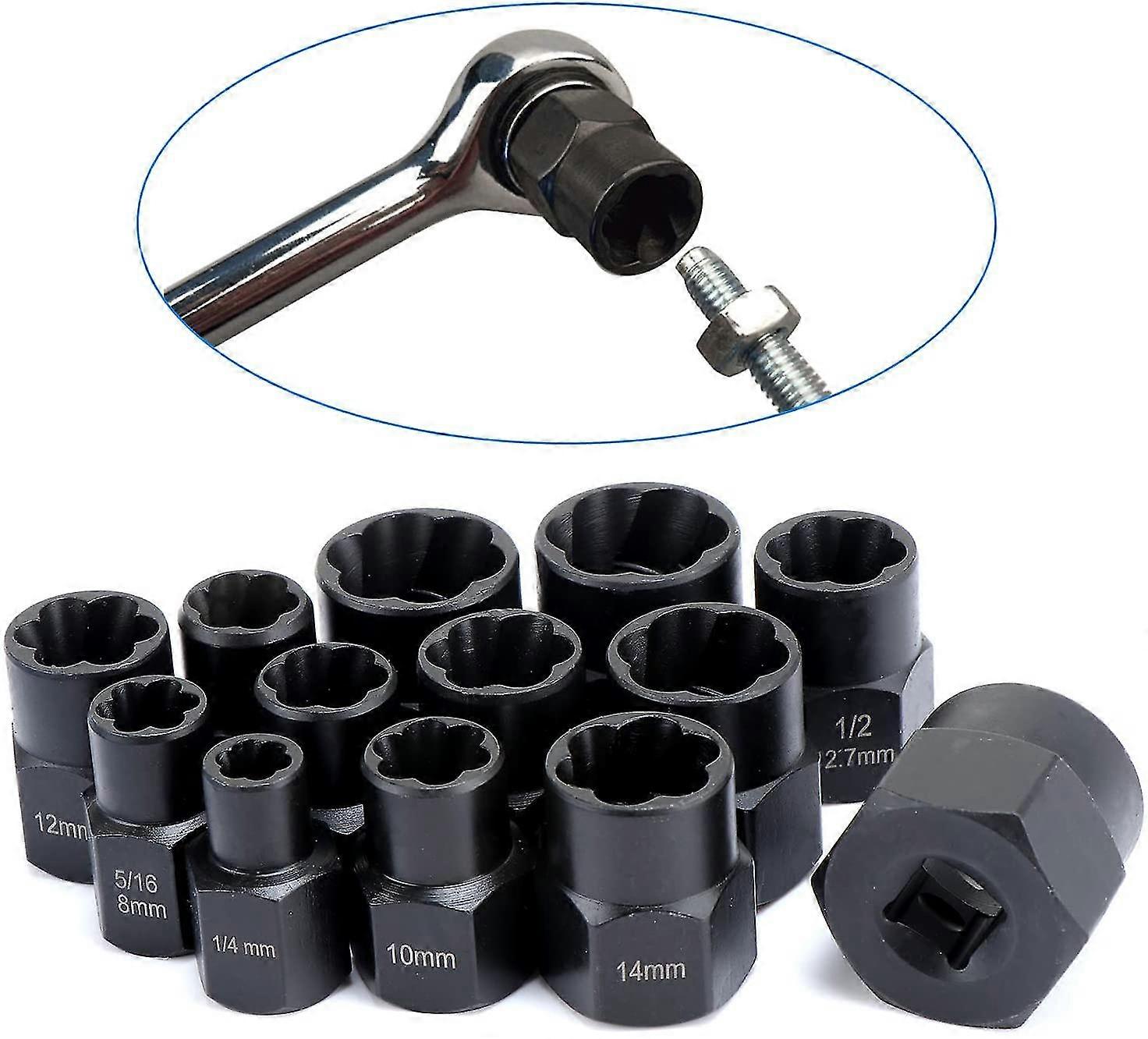 13 Piece Twist Socket Set - 9.5mm Damaged Bolt Extractor - For Removing Locking Wheel Nuts