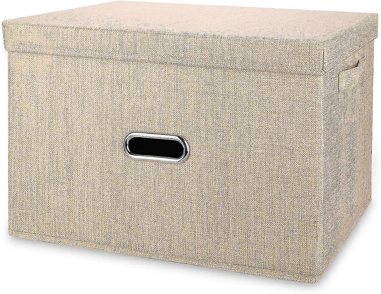 Linen Fabric Collapsible Storage Bins With Removable Lids And Handles, Washable Storage Box Containers Baskets Cube With Cover(khaki, Large)