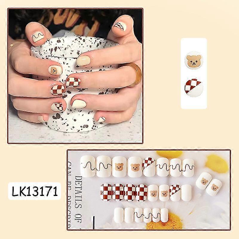 24pcs Cute Bear Nail Patch Sweet Style Removable Short Paragraph Manicure Save Time False Nails