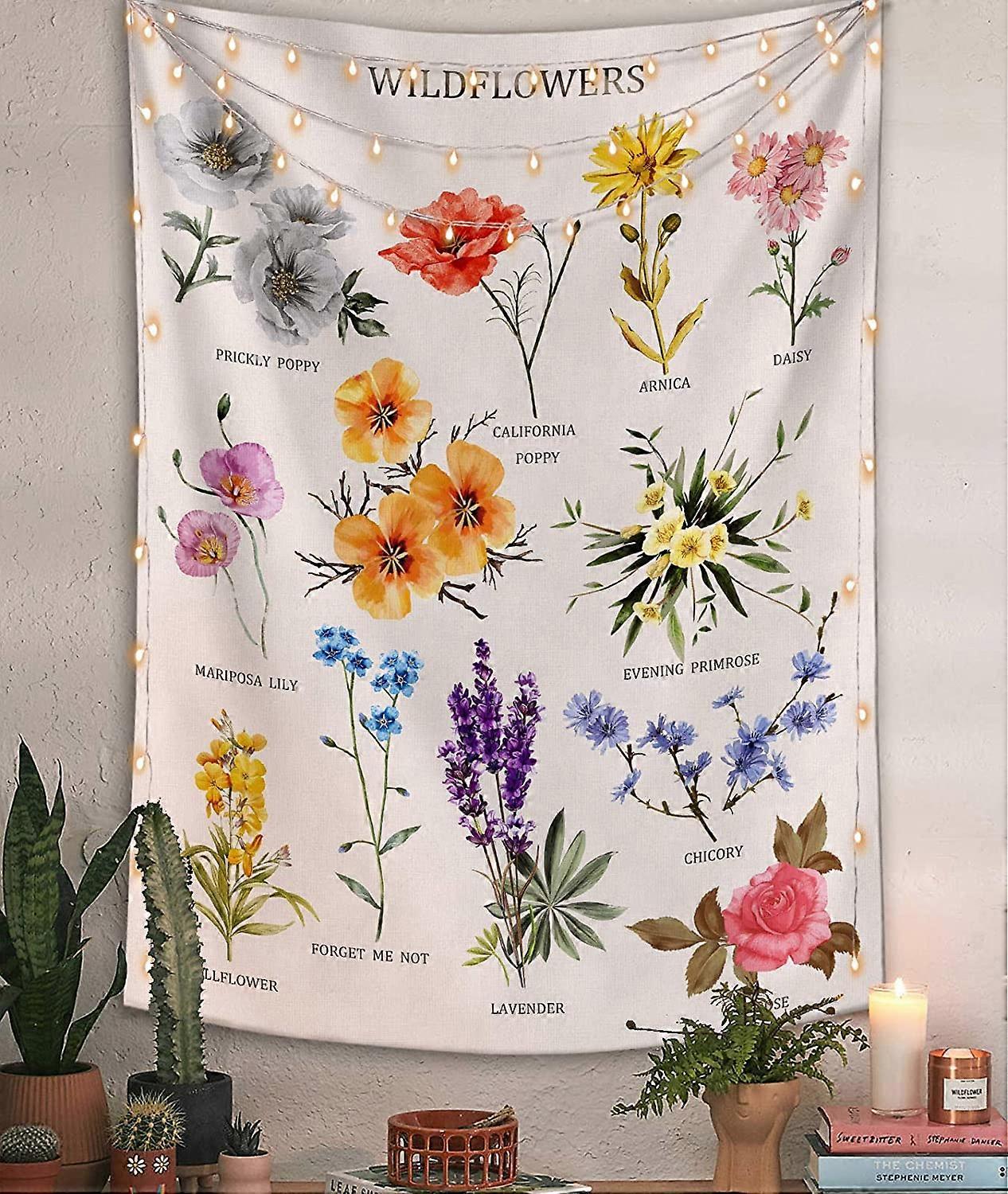 Wildflower vertical tapestry wall hanging, illustration reference map tapestry with text, off-white