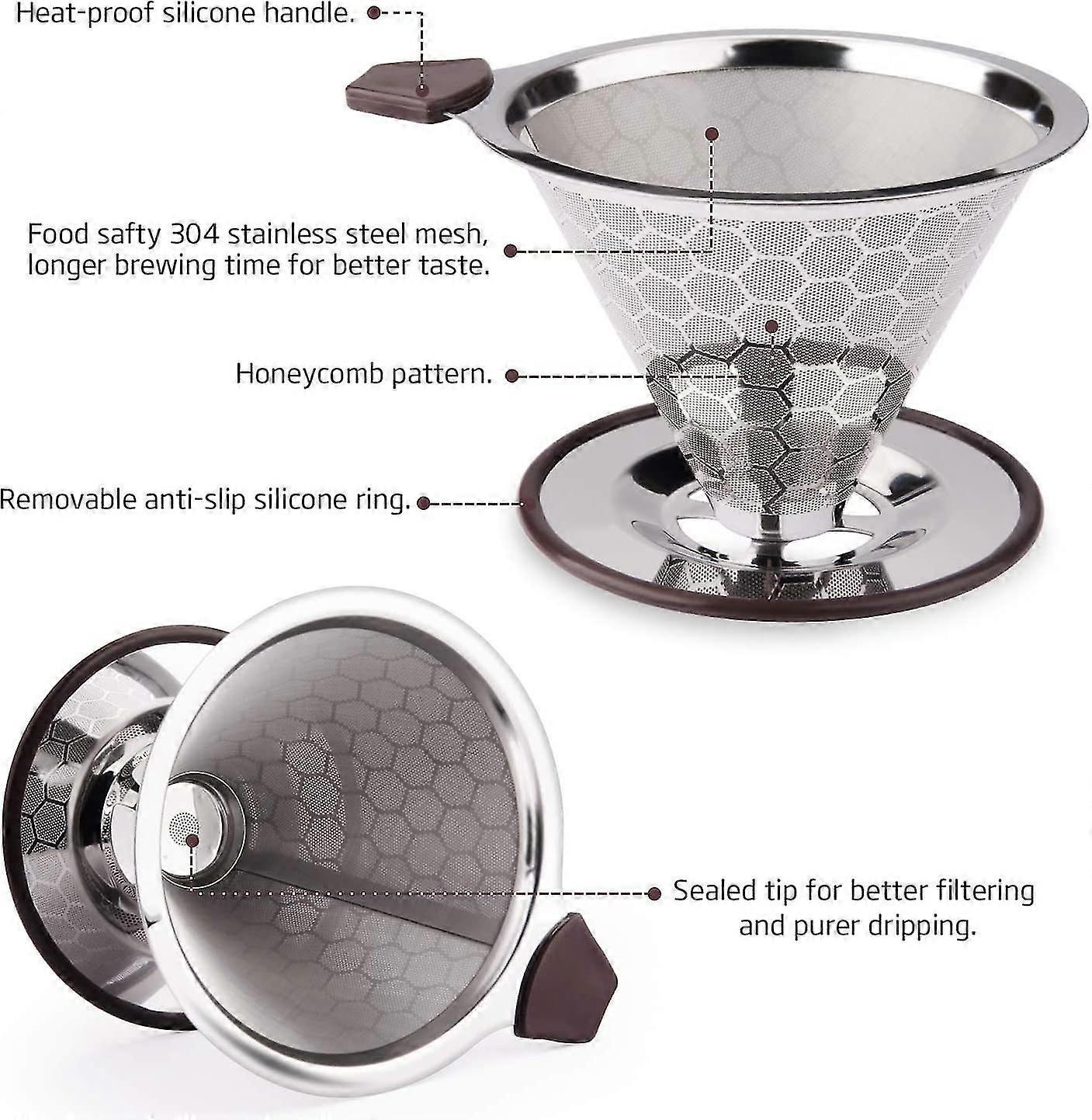 Permanent Stainless Steel Coffee Filter, Paperless Coffee Filter For Making Manual Coffee, Reusable Coffee Dripper With Double Mesh And Silicone Handl