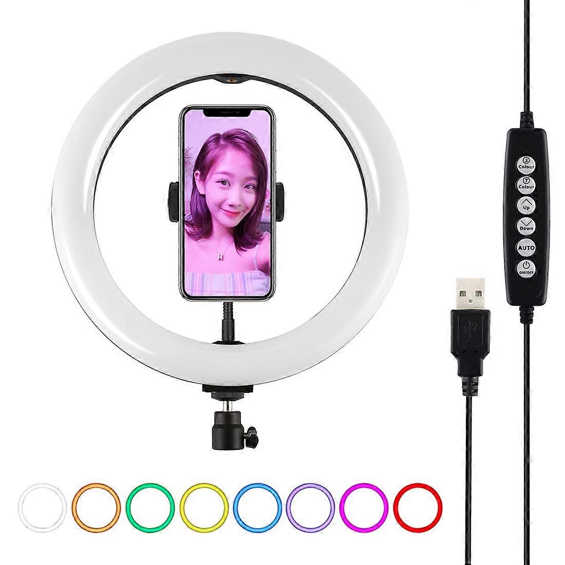 PULUZ 10.2 inch 26cm USB 10 Modes 8 Colors RGBW Dimmable LED Ring Vlogging Photography Video Lights with Tripod Ball Head & Phone Clamp