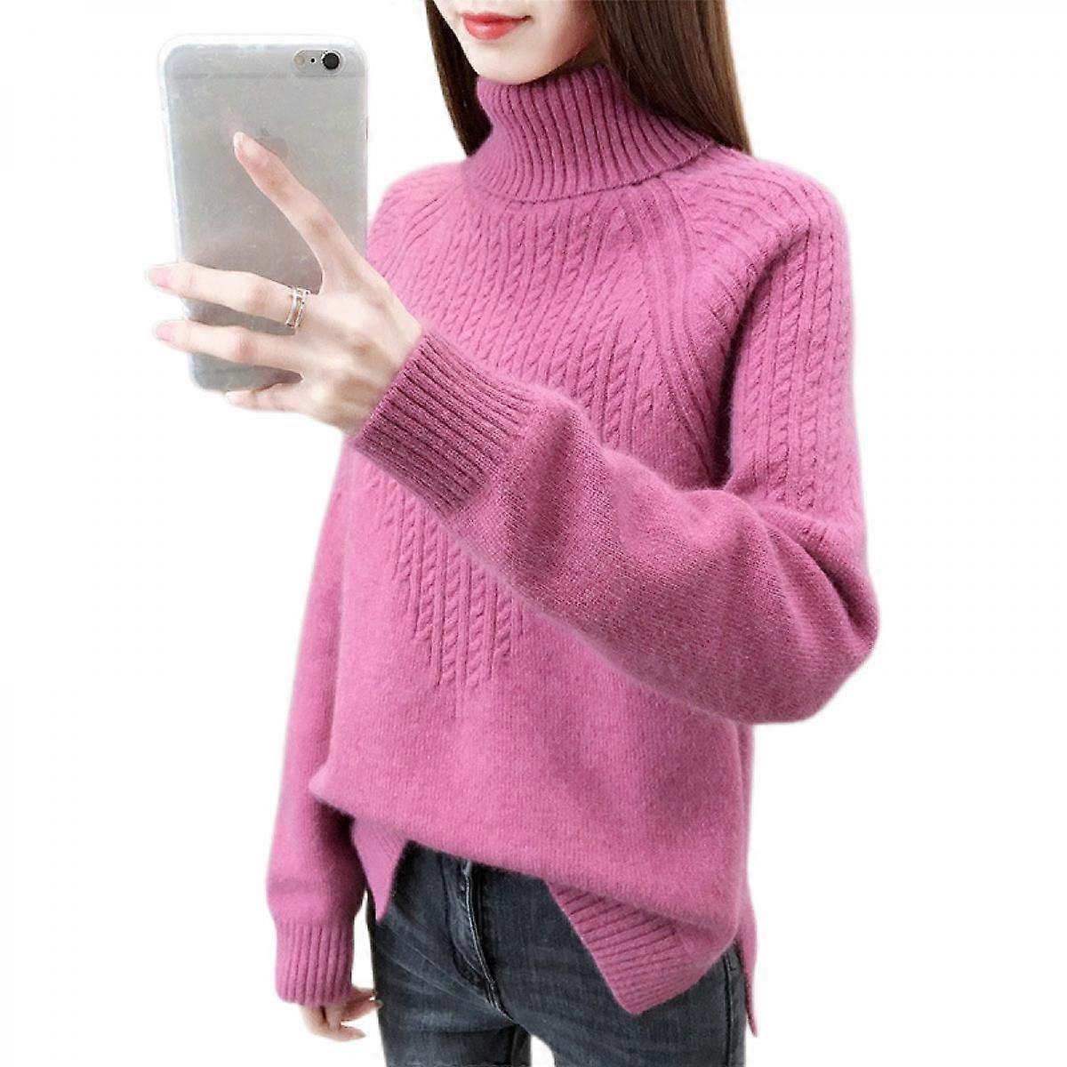 2022 Women Causal Turtleneck Knit Sweater Long Sleeve Solid Lightweight Basic Pullover Tops,Pink