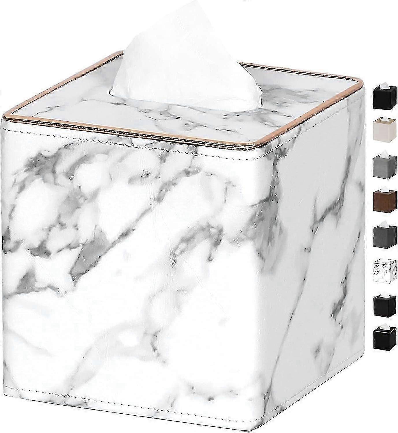Tissue Box Cover Square PU Leather Facial Tissue Box Holder for Dresser Bathroom Decor (White Marble Pattern)