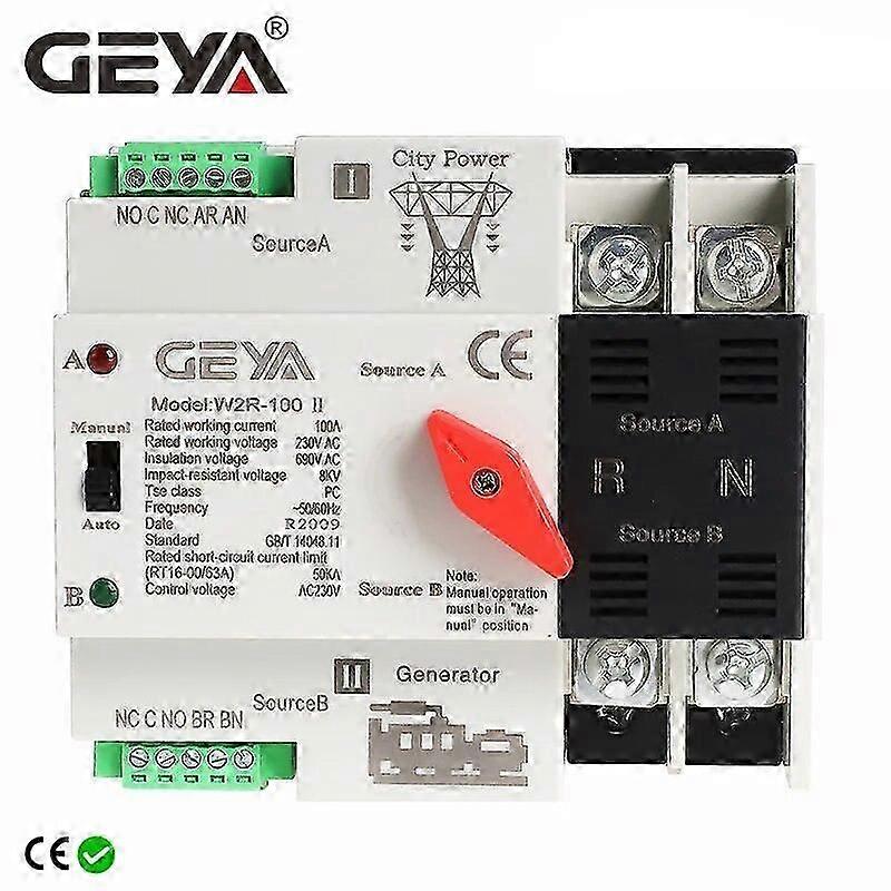 GEYA ATS 2P automatisk overførselskontakt 63A 100A - W2R Mini Dual Power Elektrisk Vælgerkontakt