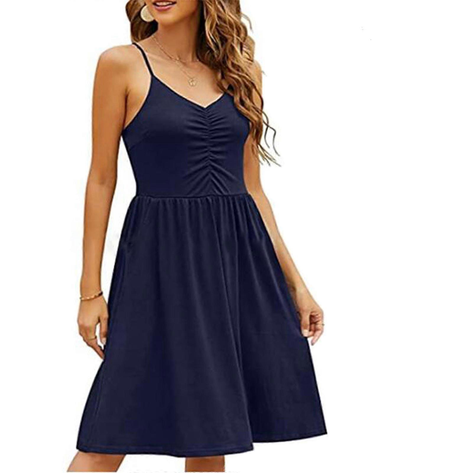 Womens Sundresses V Neck Sleeveless Empire Waist Dress Summer Casual Midi  Pleated Tank-Vest Dresses Navy blue S