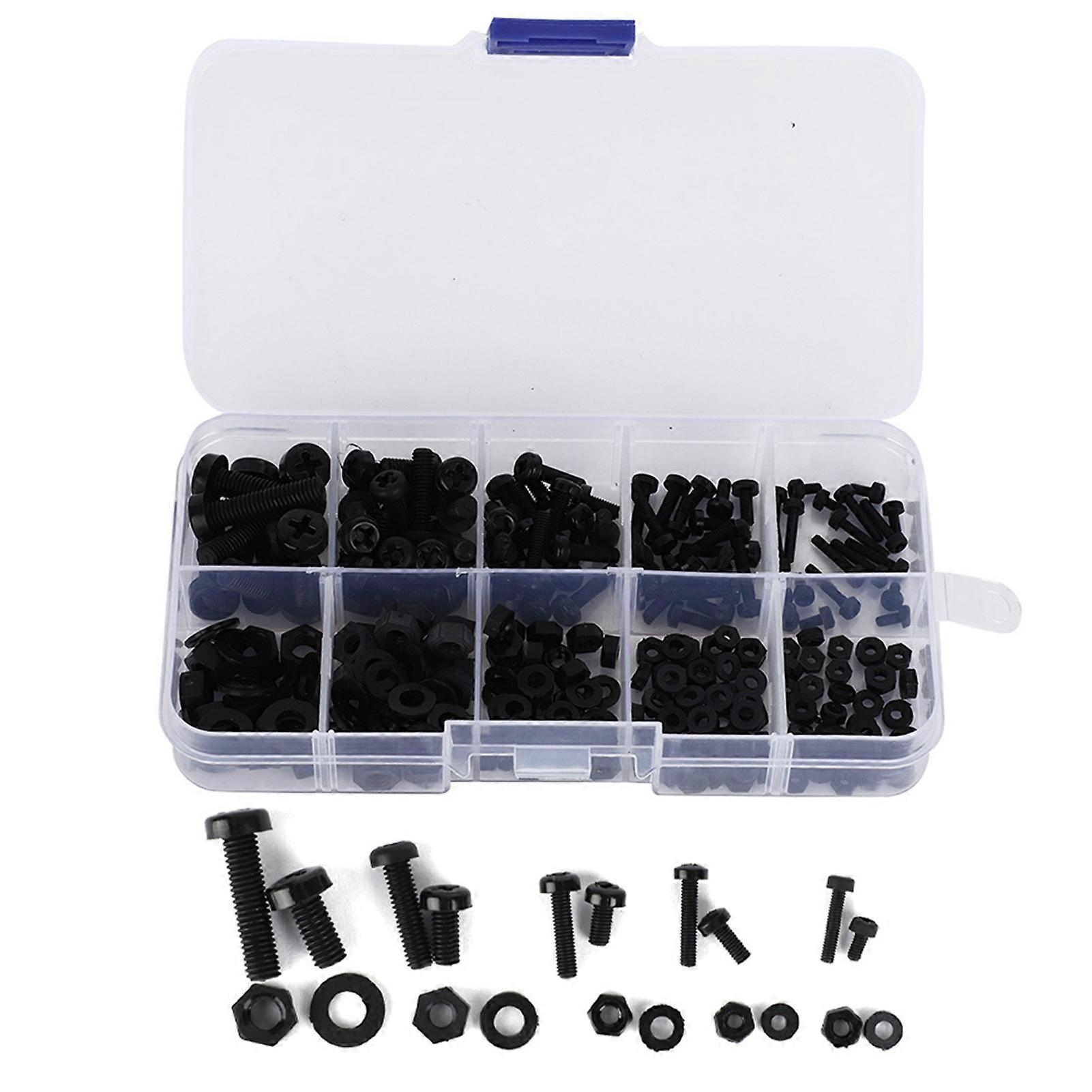 270 Pcs M2/M2.5/M3/M4/M5 Nylon Screws, Nuts and Washers Assortment Kit, Black