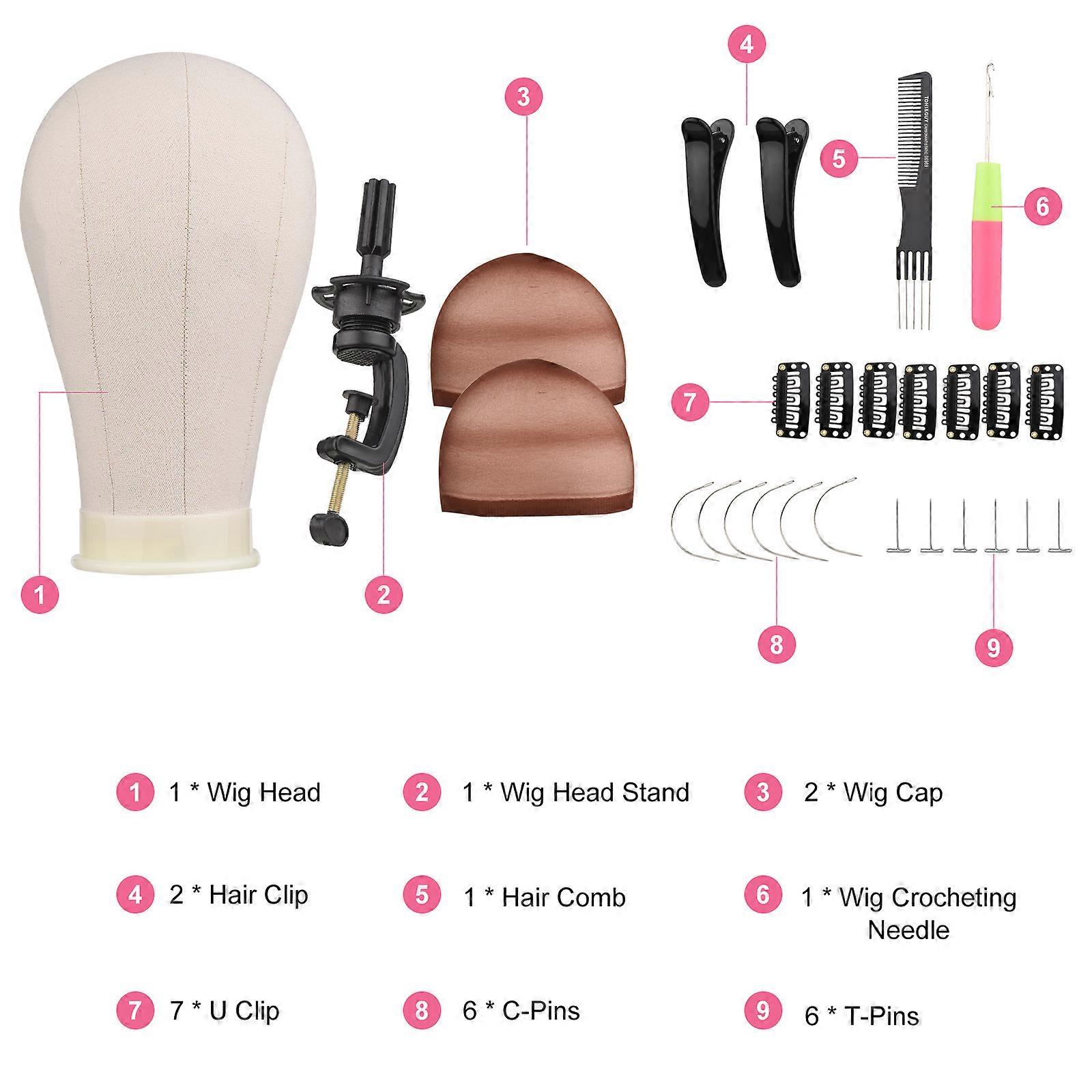 23 Inch Canvas Block Mannequin Display Styling Head with Stand T-Pins C-Pins Clip Hair Comb Wig Cap