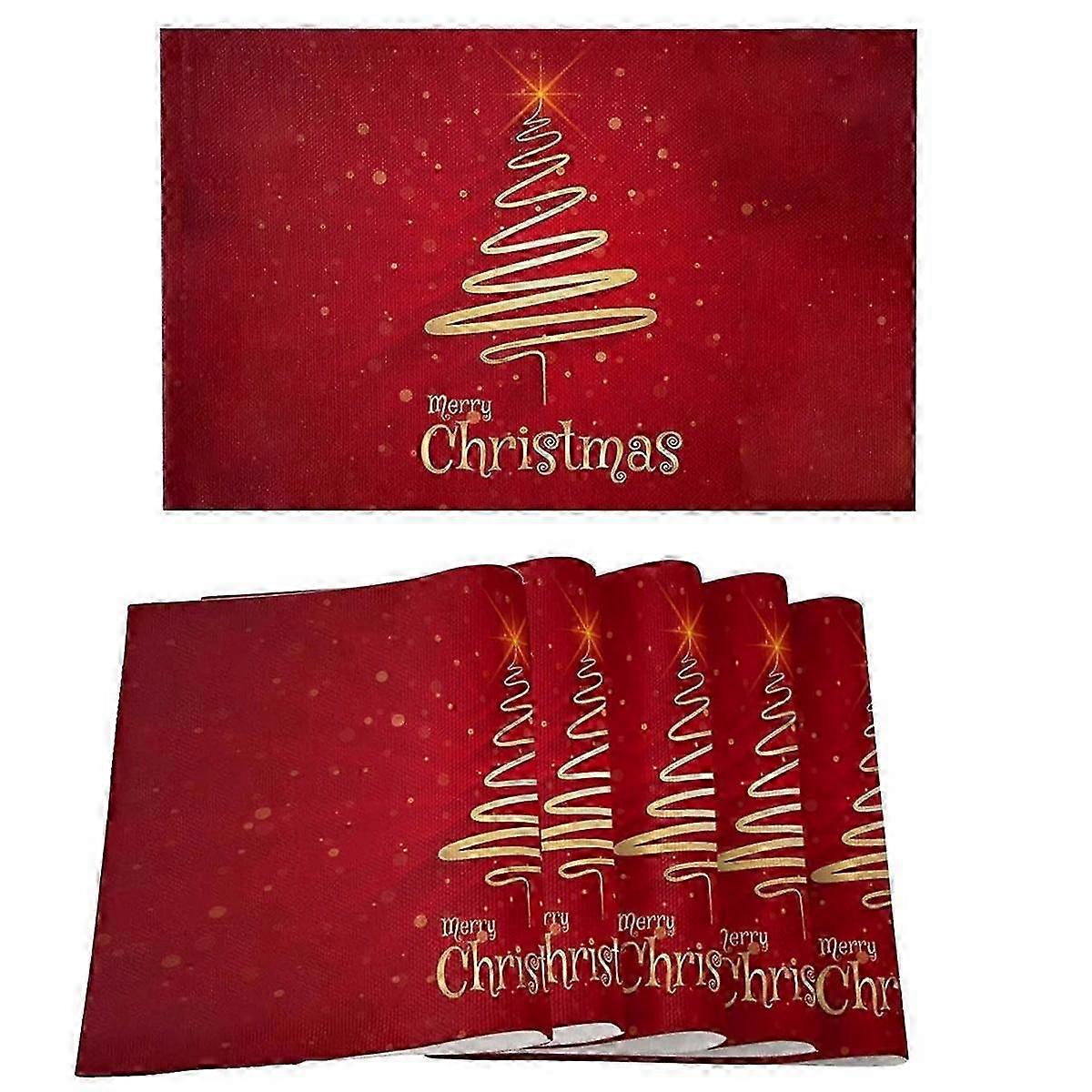 Christmas Tree Linen Placemats Set of 6, Heat-Resistant Wipeable Table Mats for Dining & Holiday Decor