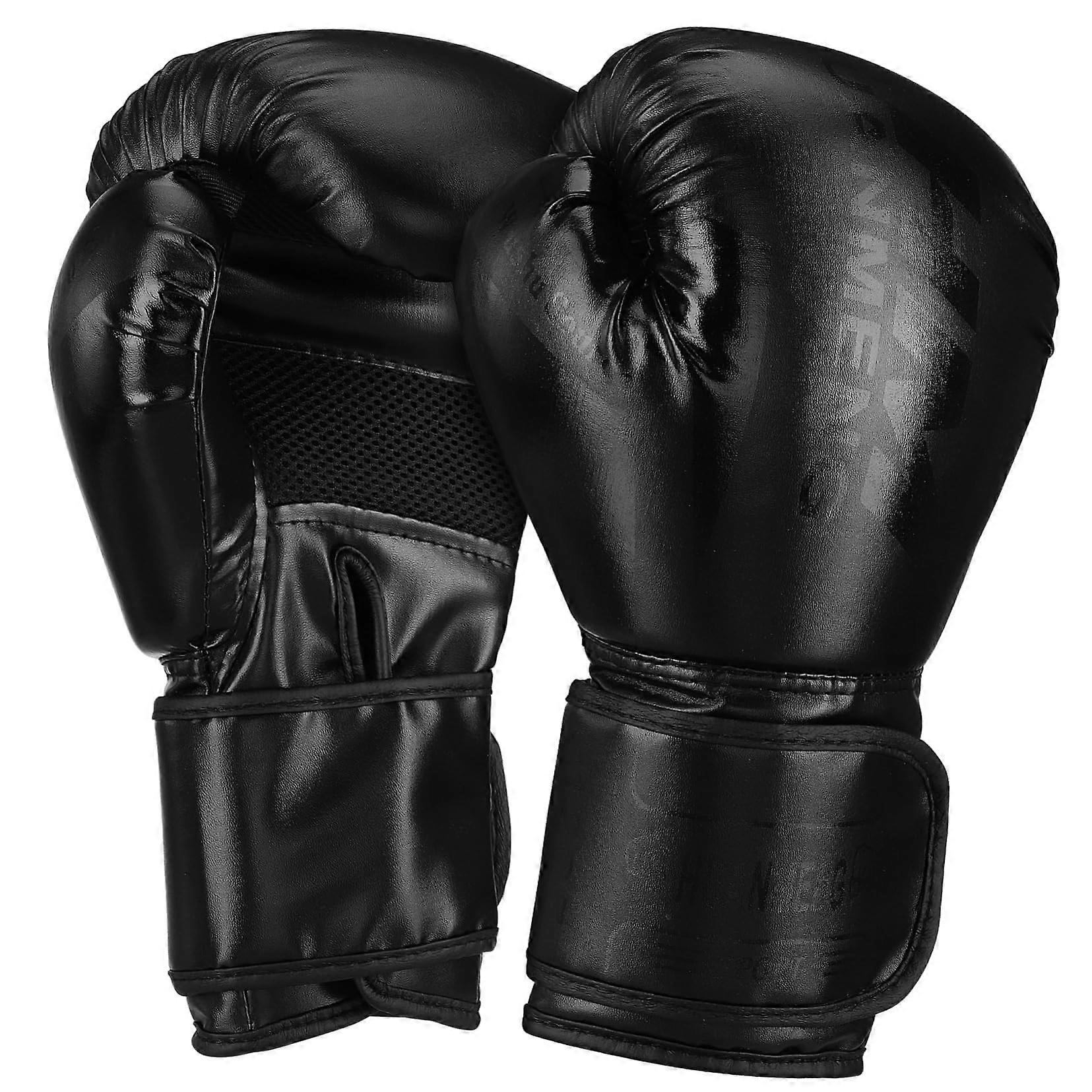 Black Leather Boxing Gloves - Muay Focus Gloves, Training Pads, Polyurethane Foam, Size Medium