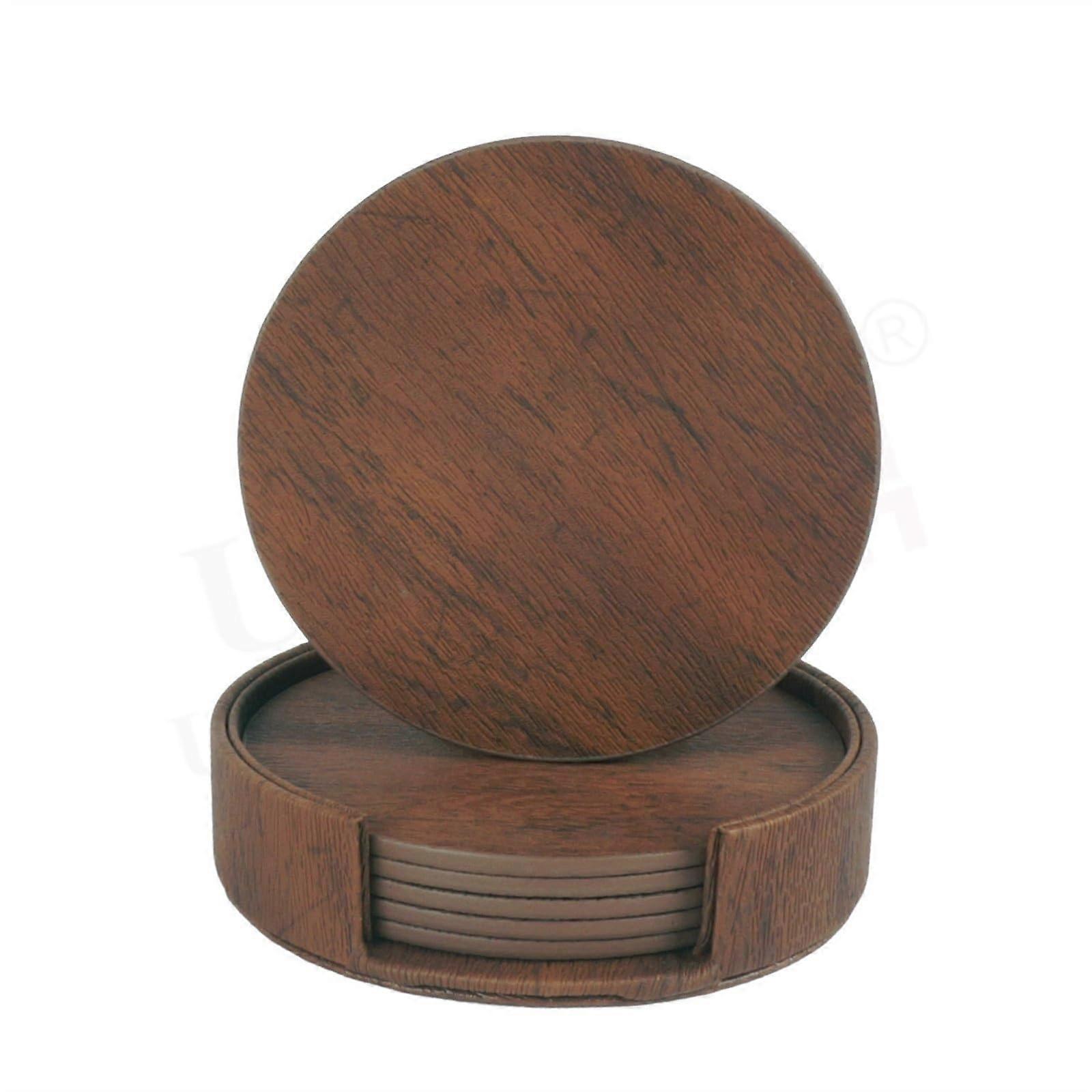 Coaster sets Round coaster set made of leather for home use (Color : Brown, Size : 6pcs) 6pcs Brown