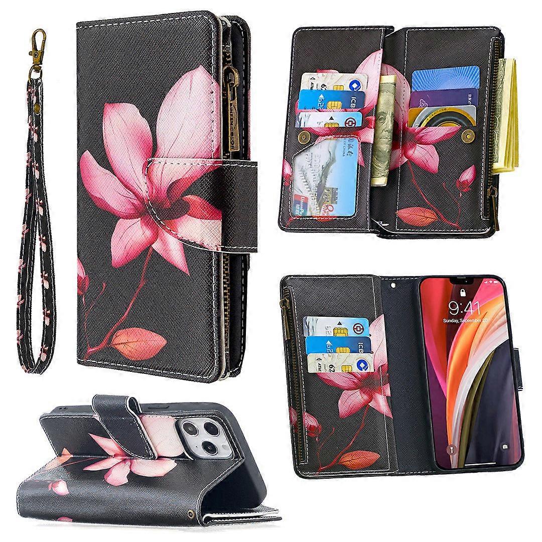 Case For Iphone 13 Pro Max Lotus Painted Zipper Leather Multi-function Card Slot Wallet Multi-c