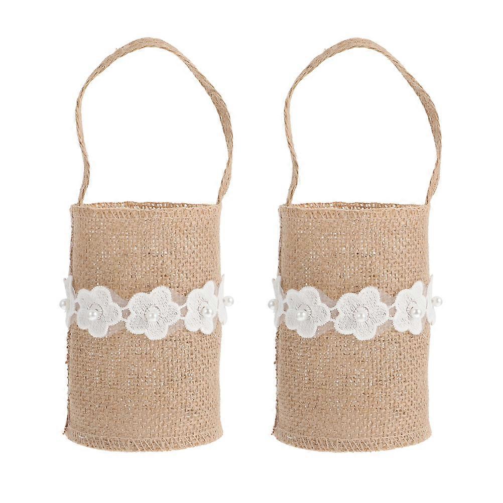 Storage Baskets Holding Flowers Khaki Linen Square Wedding Tabletop Handheld Flower Basket 2Pcs