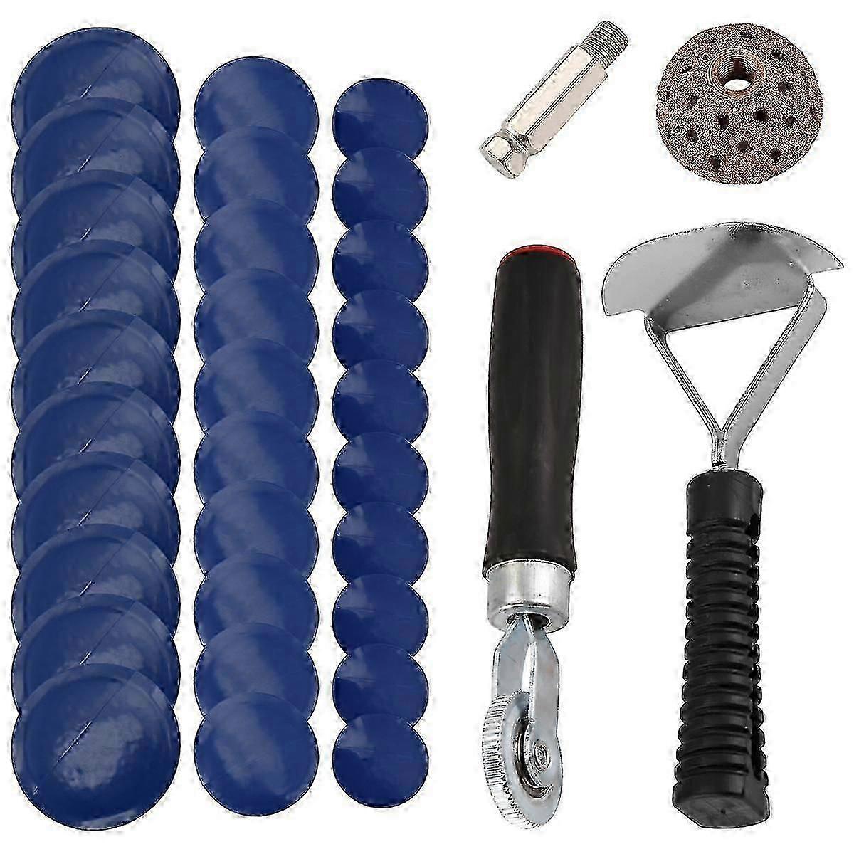 Tire Patch Roller Kit, Tire Patch Roller/Tire Repair Buffing Wheel/Tire Inner Liner Scraper/ 30PCS Patches(32/ 42/ 58mm)