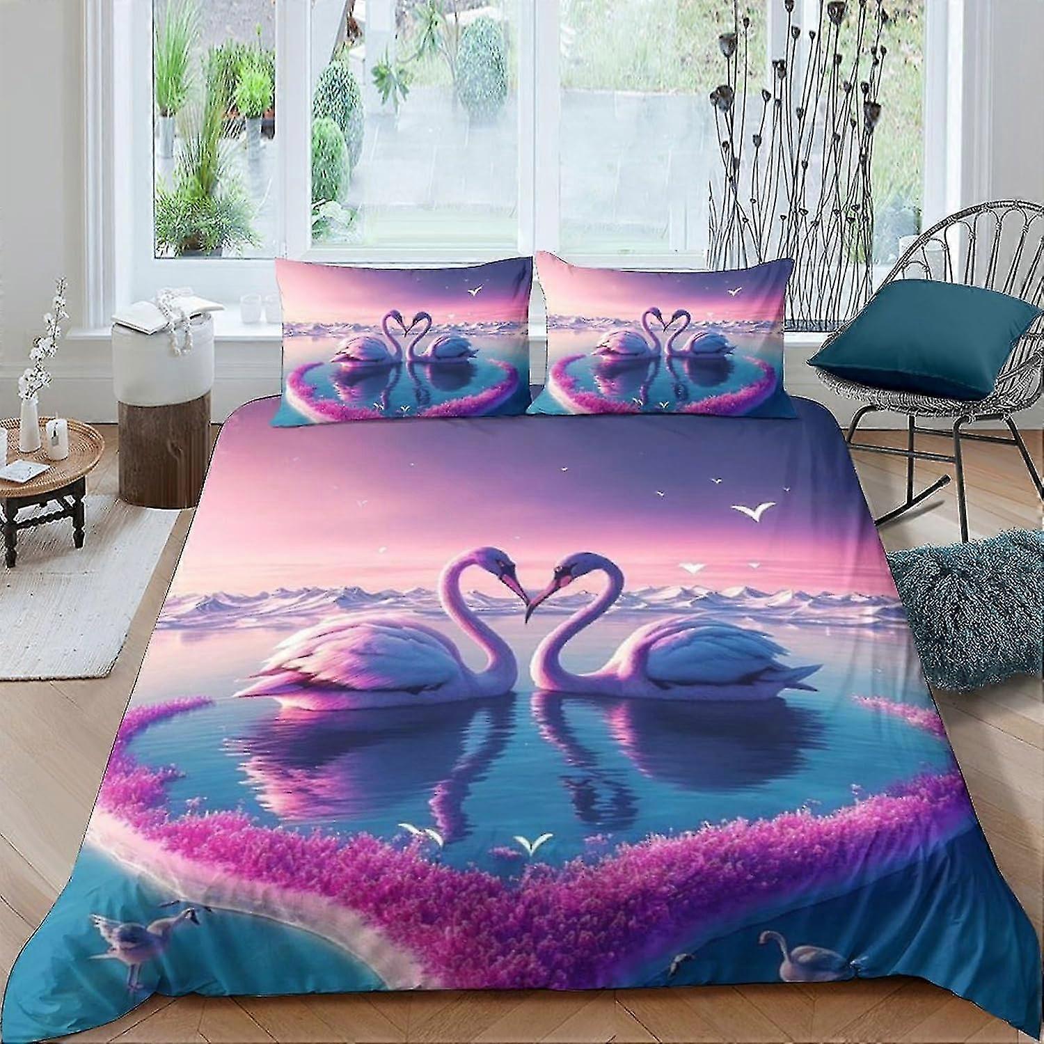Swan Themed Bedding Set Microfiber Breathable Comforter Cover Double Size
