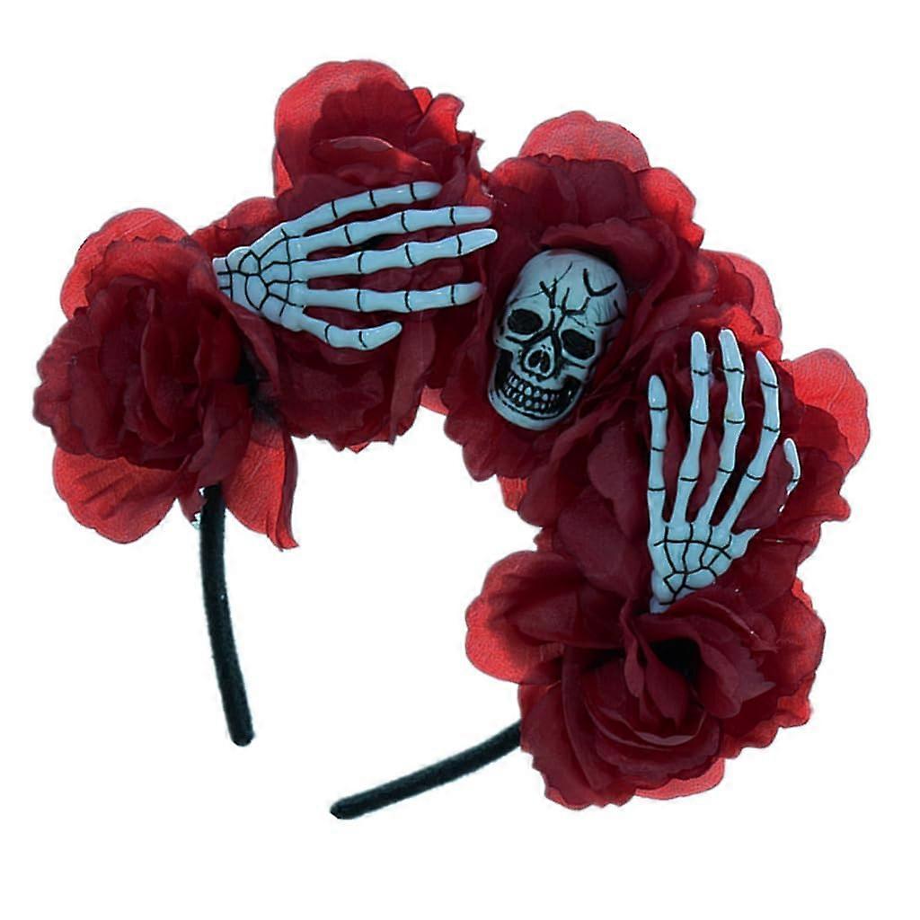 Gothic Flower Crowns for Women, Burgundy Skull Headband, Skeleton Hand Hairband, Halloween Day of the Dead Accessory