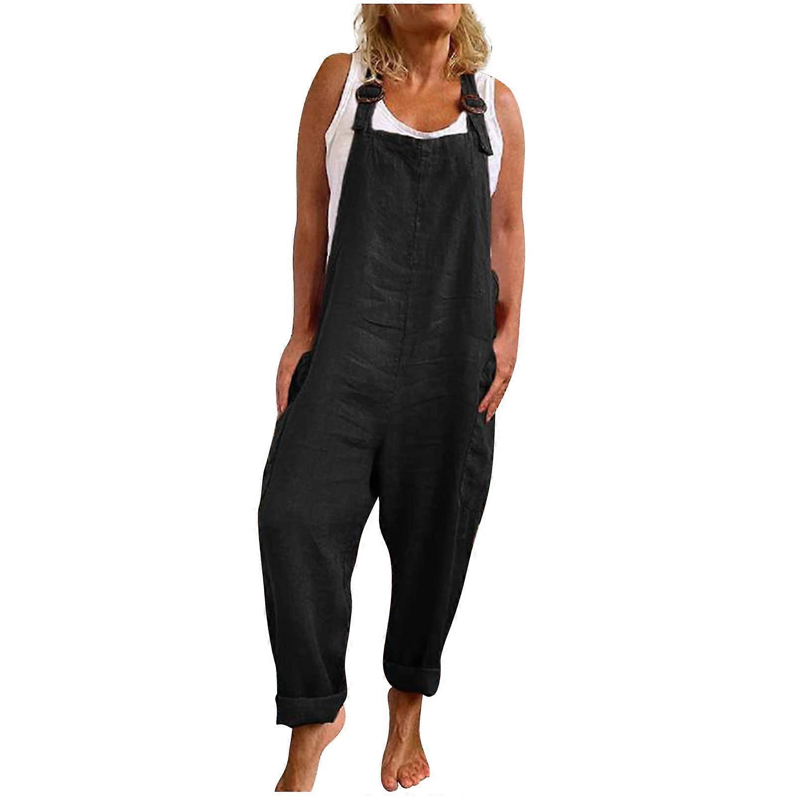 Overall Summer Women's Lightweight Vintage Style Work Dungarees with Adjustable Straps and Pockets, Black Romper