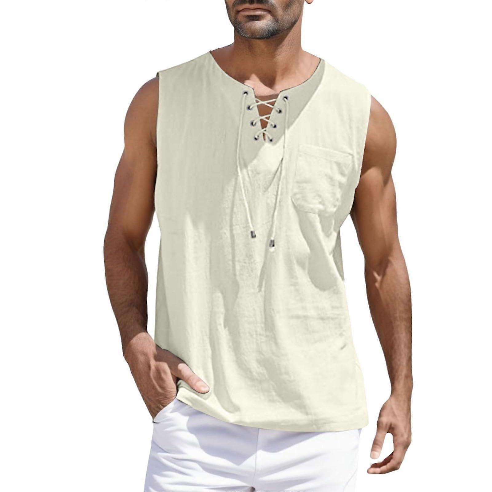 Men's Linen Tank Top With Button Placket, V-Neck, Sleeveless, Breathable, Comfortable, Beige, Size M