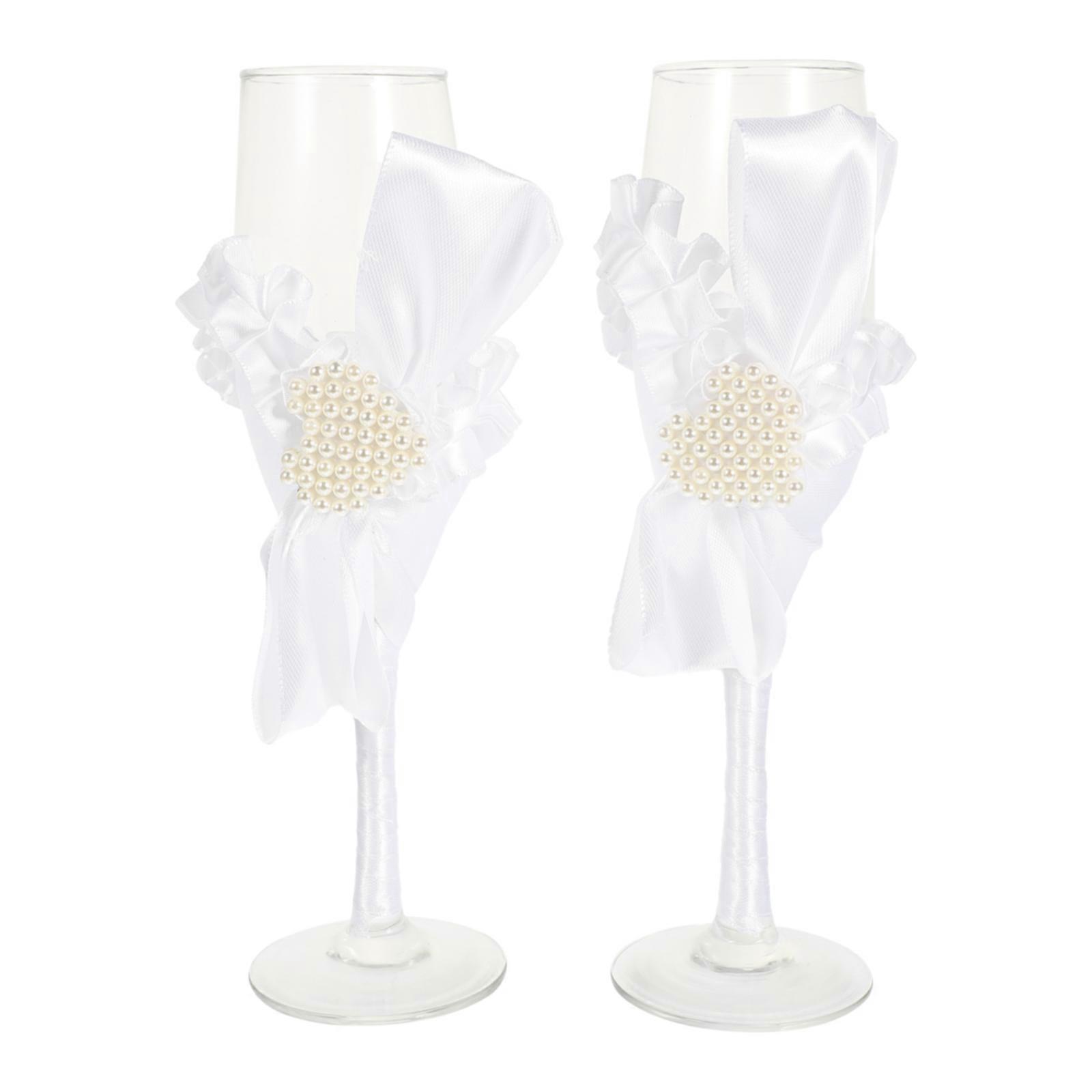 Elegant Glasses Set for Bride and Groom with Pearls and Satin Decoration