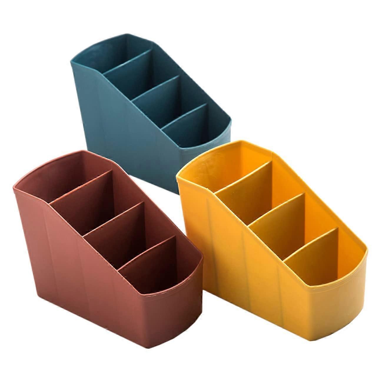 Desktop organizer with compartments, practical storage box for remote controls and small parts, dark blue and yellow for office and home use.