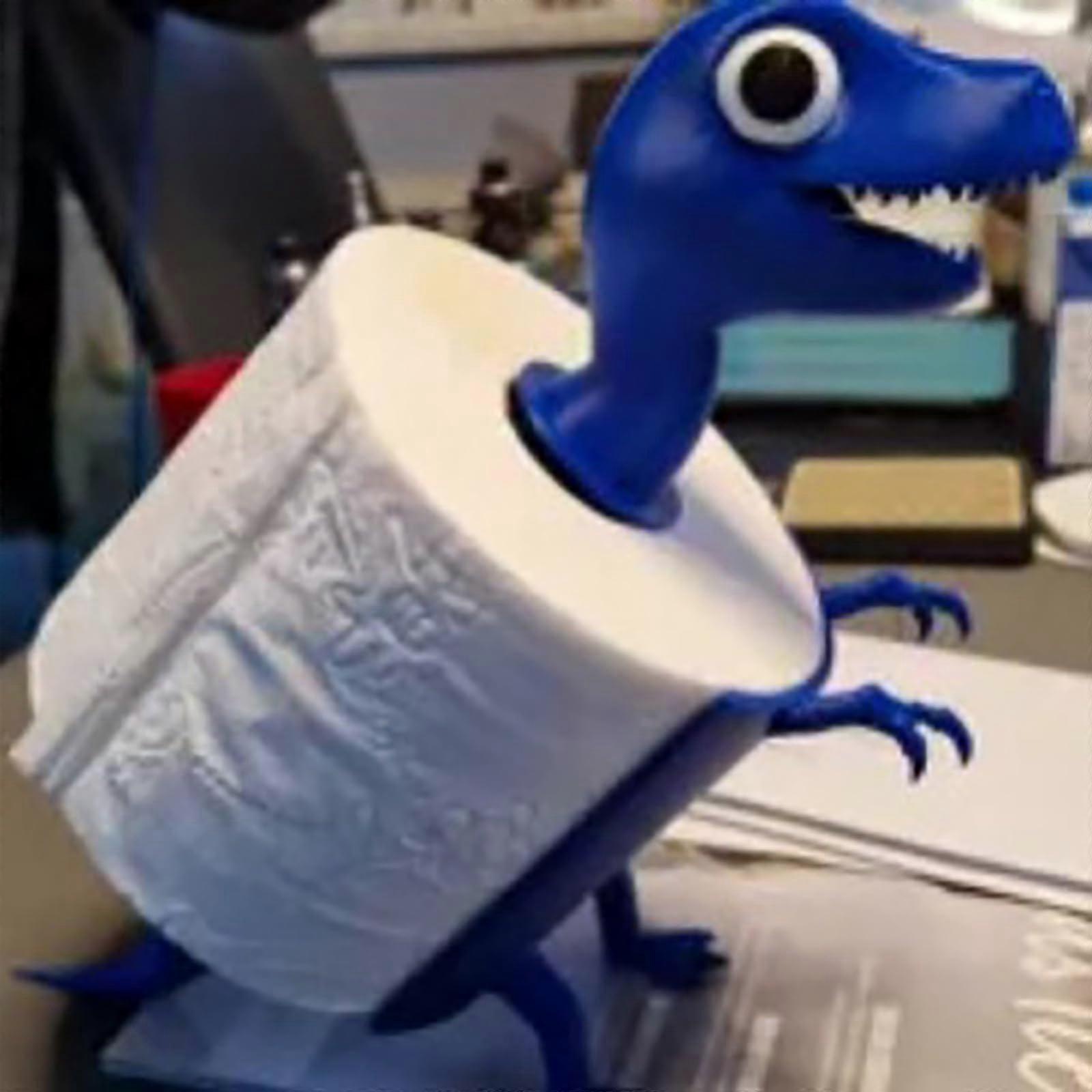 Dinosaurshaped toilet paper holder, Cartoon PLA paper towel stand, Practical 3Dprinted tissue holder for workbench display in blue.